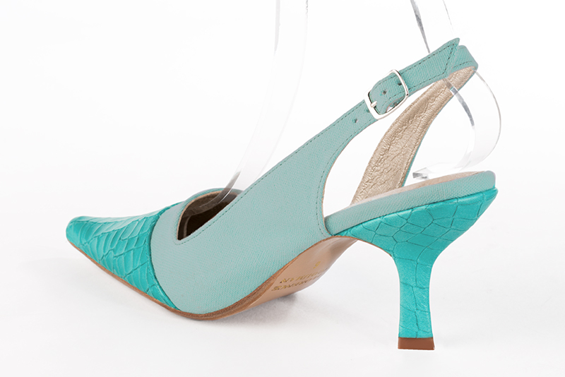 Aquamarine blue women's slingback shoes. Pointed toe. High spool heels. Rear view - Florence KOOIJMAN